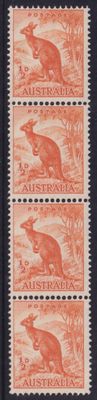 Australia 1950 ½d Kangaroo Coil Strip of 4 with Line to Roo&#39;s Ear