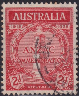 Australia 1935 2d ANZAC Anniversary with Coloured Line through A of Australia