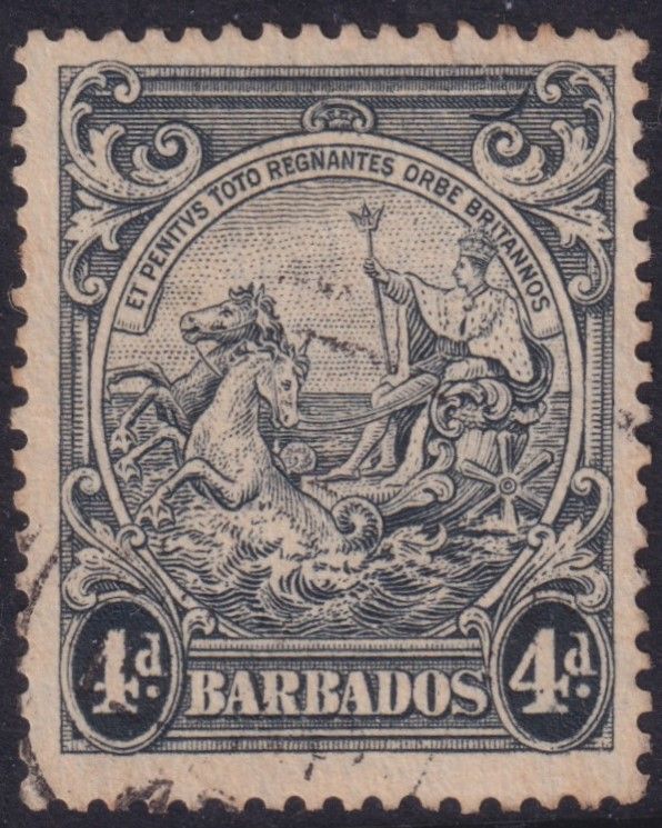 Barbados 1938 4d Seal of Colony with Curved Line Flaw