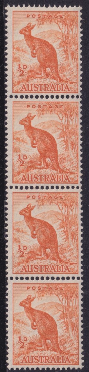 Australia 1950 ½d Kangaroo Coil Strip with Line to Roo&#39;s Ear