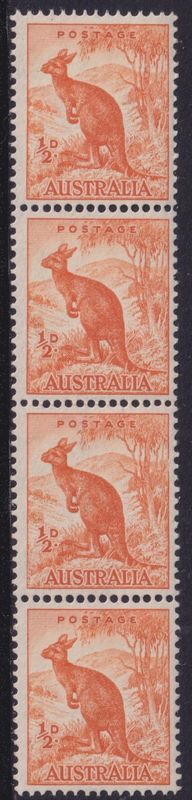 Australia 1950 ½d Kangaroo Coil Strip with Line to Roo&#39;s Ear