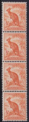 Australia 1950 ½d Kangaroo Coil Strip with Line to Roo&#39;s Ear