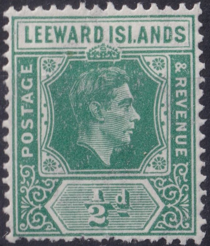 Leeward Islands 1938 ½d Green with ISI.NDS Flaw
