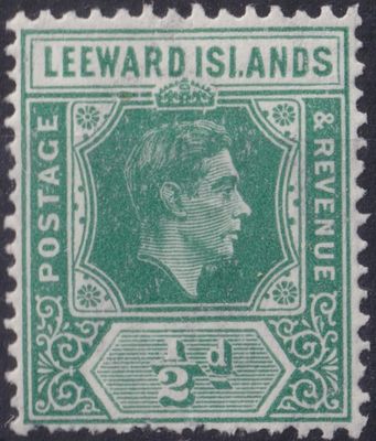 Leeward Islands 1938 ½d Green with ISI.NDS Flaw