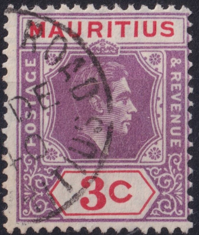 Mauritius 1938 3c Reddish Purple and Red with Sliced S