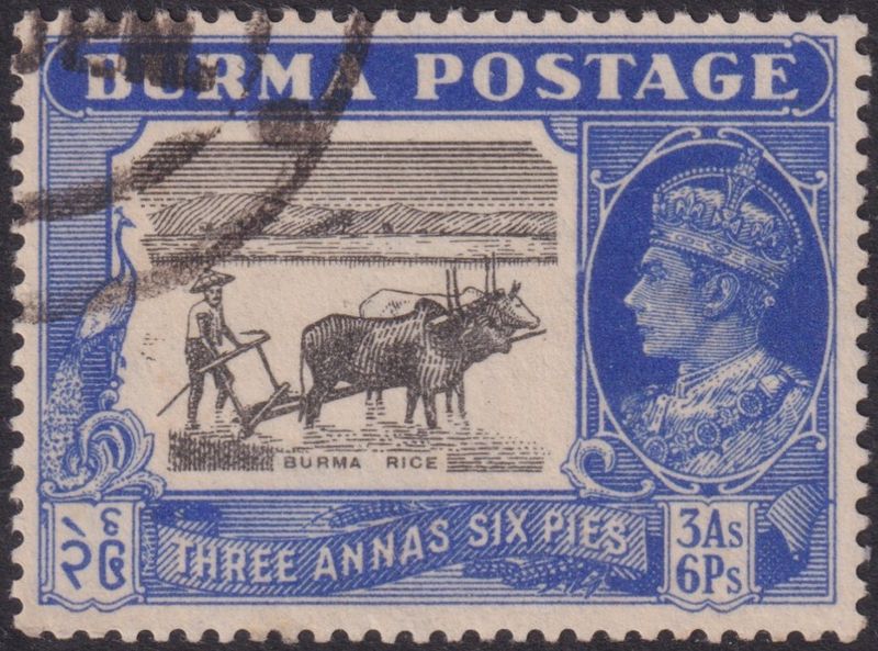 Burma 1946 3a.6p. Black and Ultramarine with Curved Plough Handle Variety