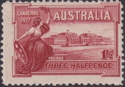 Australia 1927 1½d Parliament with Flaw on First A of AUSTRALIA