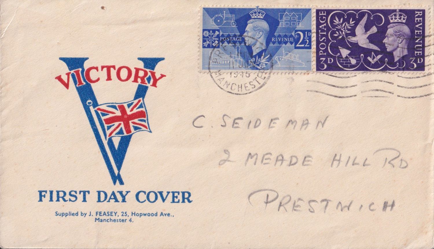GB 1946 Feasey Victory FDC with Extra Porthole Aft Variety