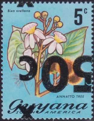 Guyana 1981 50c on 5c Annatto Tree with Inverted Overprint