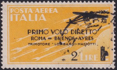 Italy 1934 2l on 2l  Yellow Rome-Buenos Aires Flight
