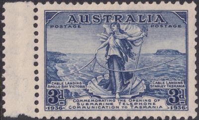 Australia 1936 3d Cable with Coloured Spot Between N and E of Submarine