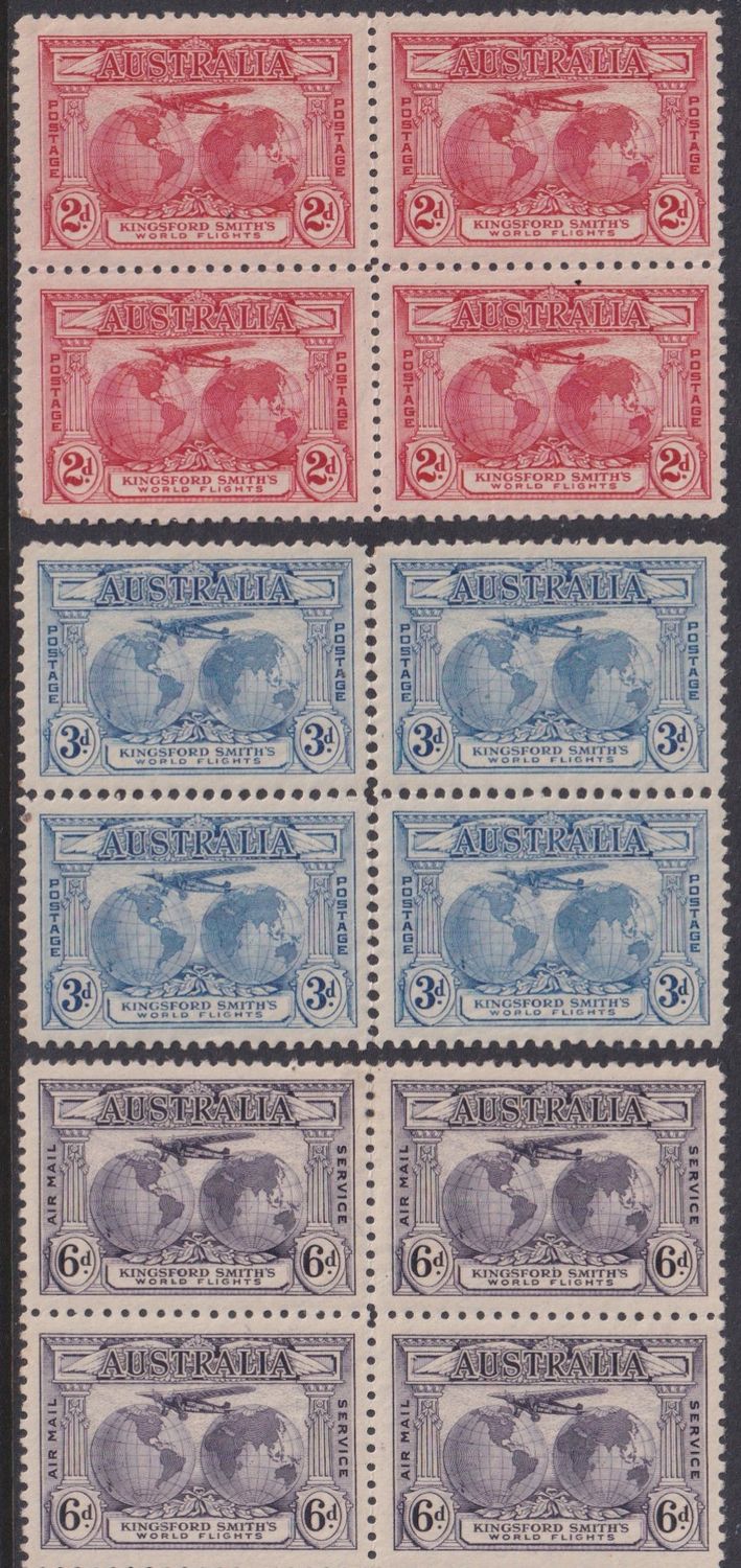 Australia 1931 Kingsford Smith Set Blocks of 4 including Re-entry on 6d