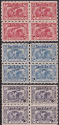 Australia 1931 Kingsford Smith Set Blocks of 4 including Re-entry on 6d