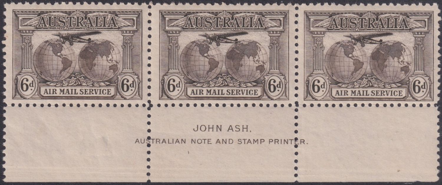 Australia 1931 6d Airmail in Imprint Strip