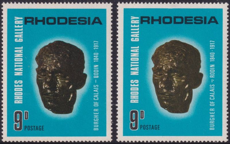 Rhodesia 1967 9d National Gallery with Varieties Bodin for Rodin and Dot Under Hyphen