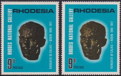 Rhodesia 1967 9d National Gallery with Varieties Bodin for Rodin and Dot Under Hyphen