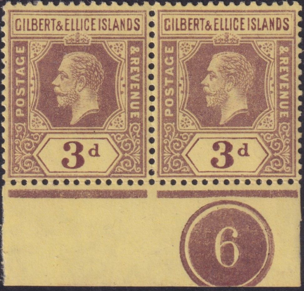 Gilbert &amp; Ellice Islands 1919 3d Purple/yellow Marginal Plate Number Pair