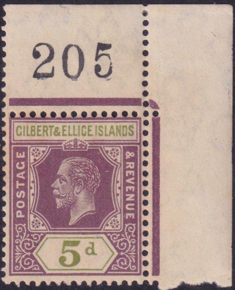 Gilbert &amp; Ellice Islands 1912 5d Dull Purple &amp; Sage Green Sheet Number Corner Marginal