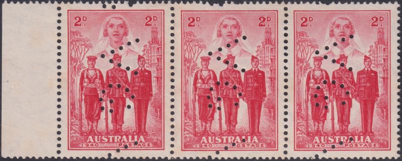 Australia 1940 2d AIF Perf VG Marginal Strip of Three