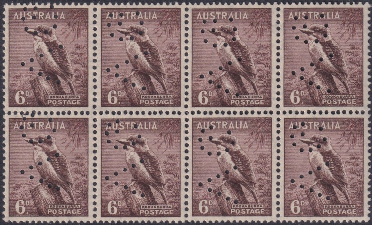 Australia 1942 6d Kookaburra Block of Eight Perf VG