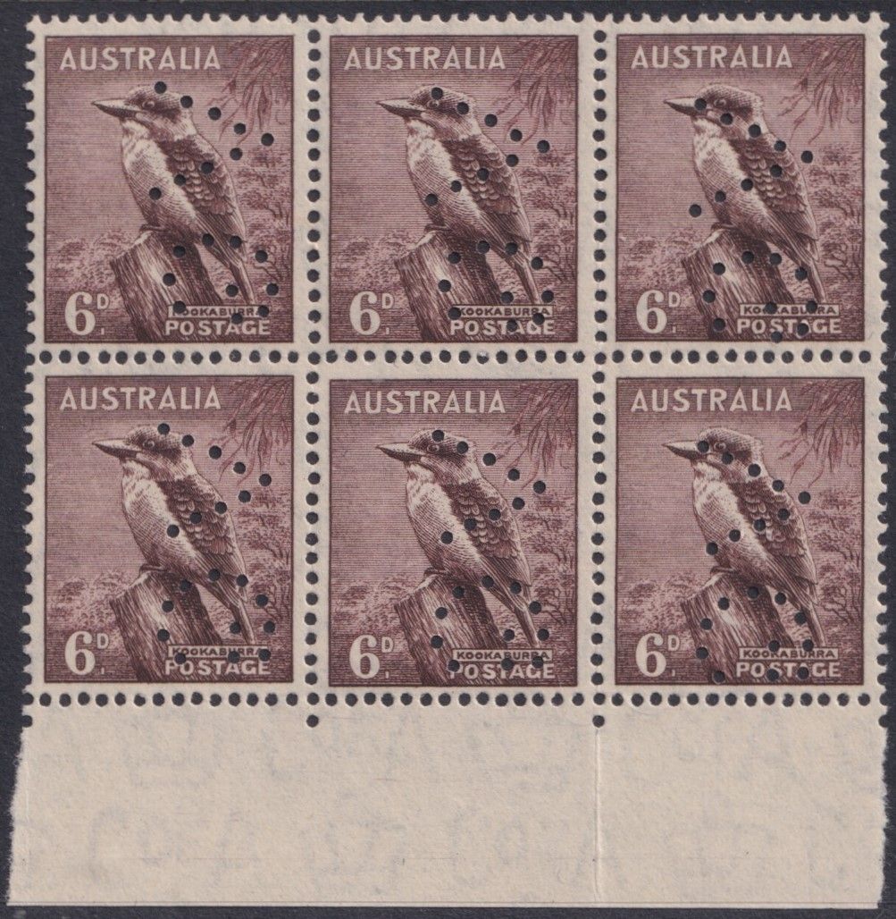 Australia 1942 6d Kookaburra Block of Six Perf VG