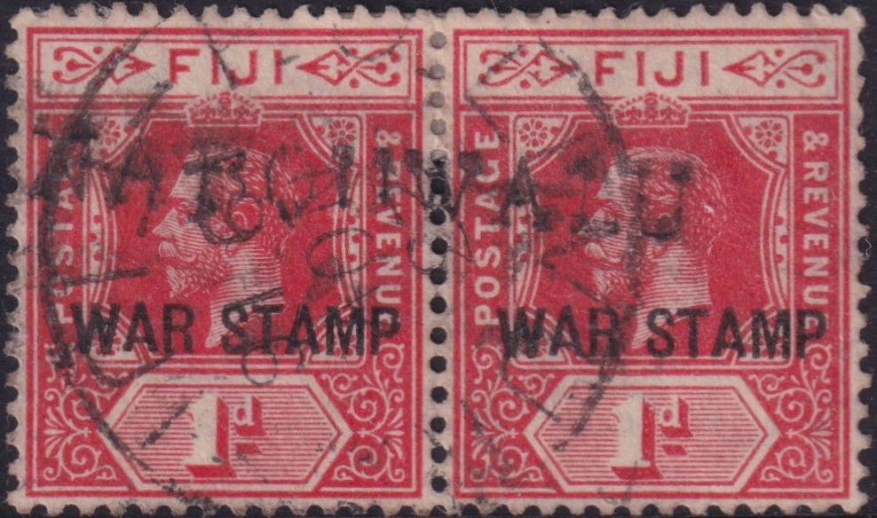 Fiji 1915 1d Carmine War Stamp Pair with Straight Line Nabouwalu Cancel