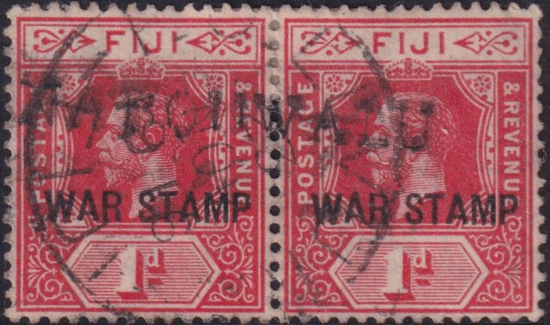 Fiji 1915 1d Carmine War Stamp Pair with Straight Line Nabouwalu Cancel