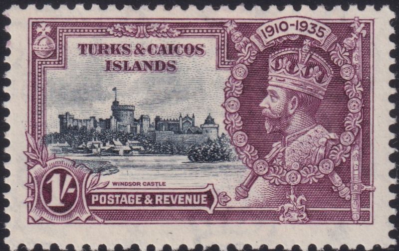 Turks and Caicos Islands 1935 1/- Silver Jubilee with Kite and Vertical Log