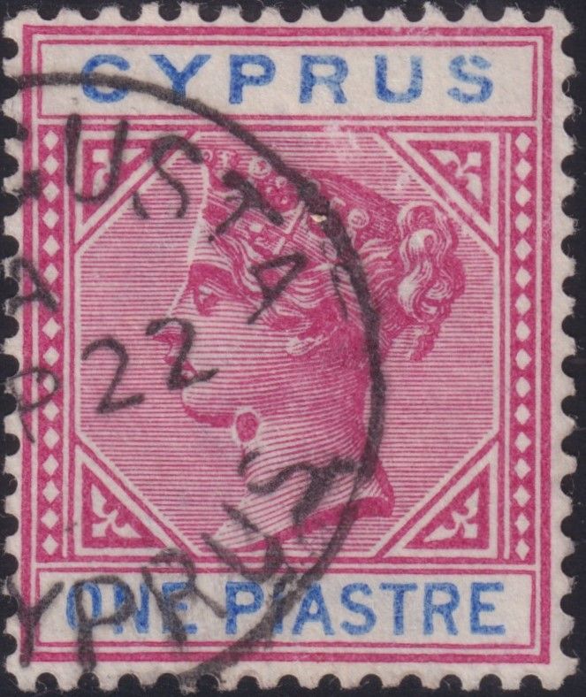 Cyprus 1896 1p Carmine and Blue with Flaw on Queen&#39;s Neck