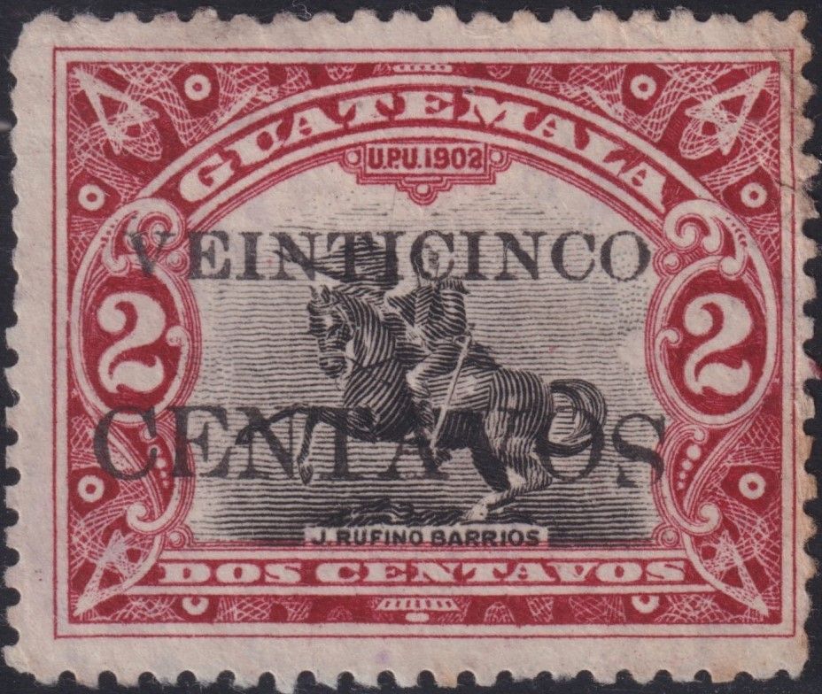Guatemala 1916 25c on 2c Black and Red with Inverted S in CENTAVOS