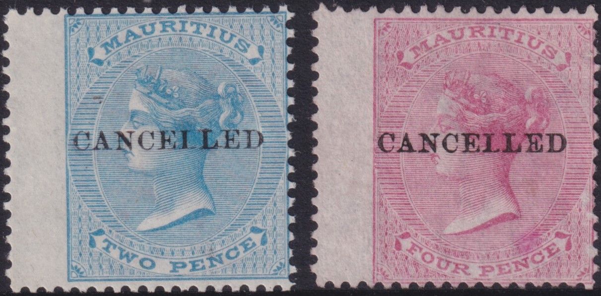 Mauritius 1863 2d Pale Blue and 4d Rose overprinted CANCELLED