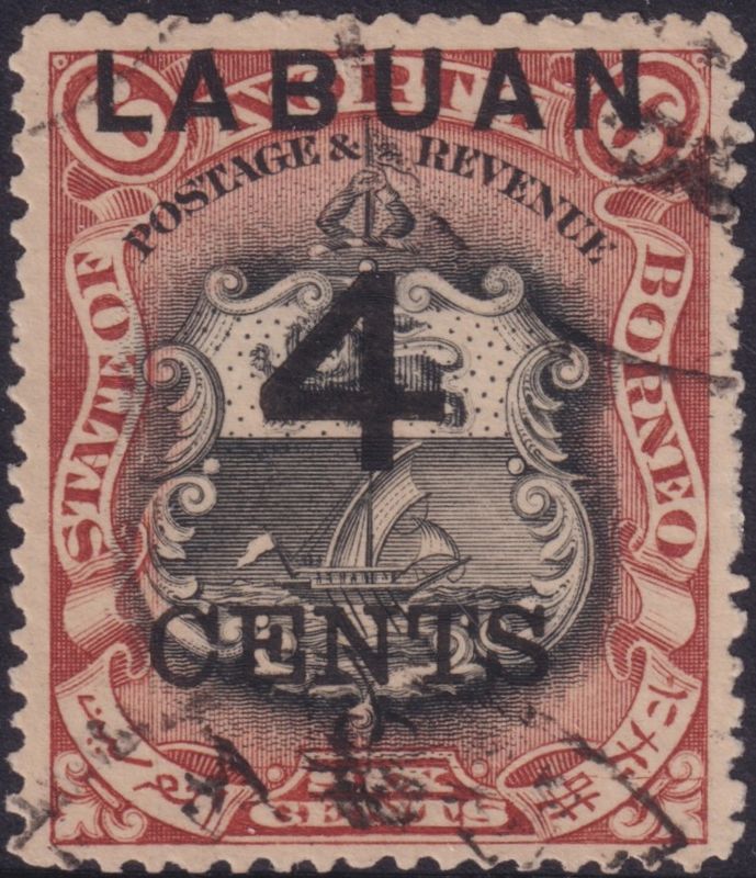 Labuan 1899 4c on 6c Black and Brown Lake