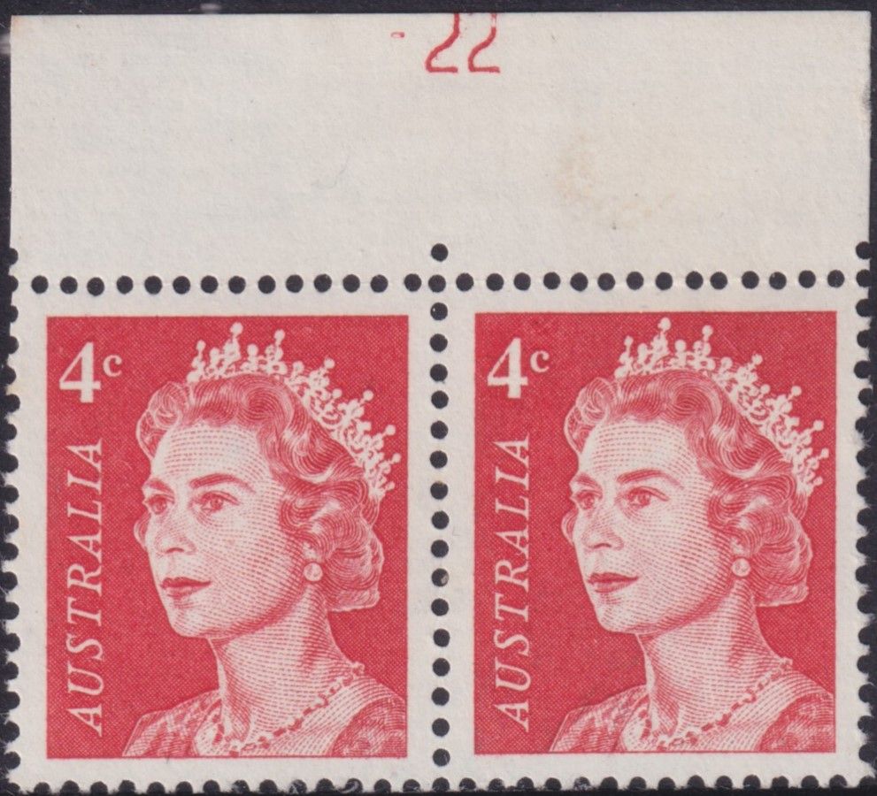 Australia 1966 4c Red Pair with Plate Number 22