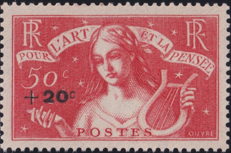 France 1936 20c on 50c+2f Unemployed Intellectual&#39;s Fund