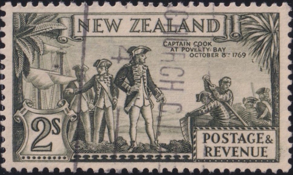 New Zealand 1936 2/- Captain Cook with Coconuts Flaw