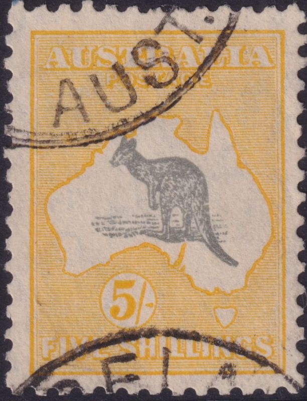 Australia 1932 5/- Kangaroo with Elongated Spencer's Gulf