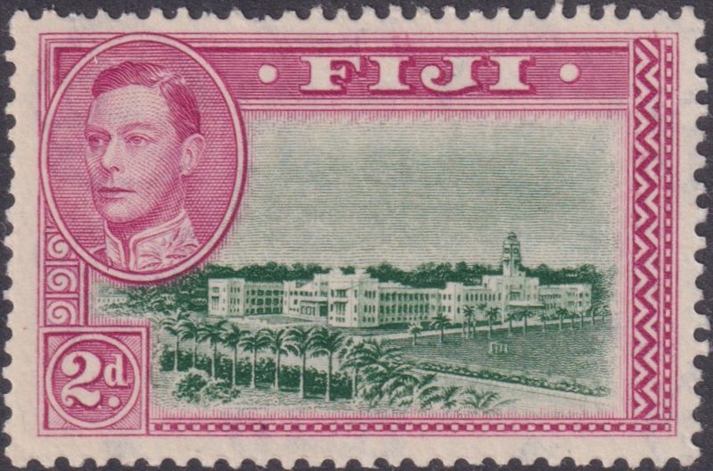 Fiji 1942 2d Green and Magenta with Scratched Building Variety