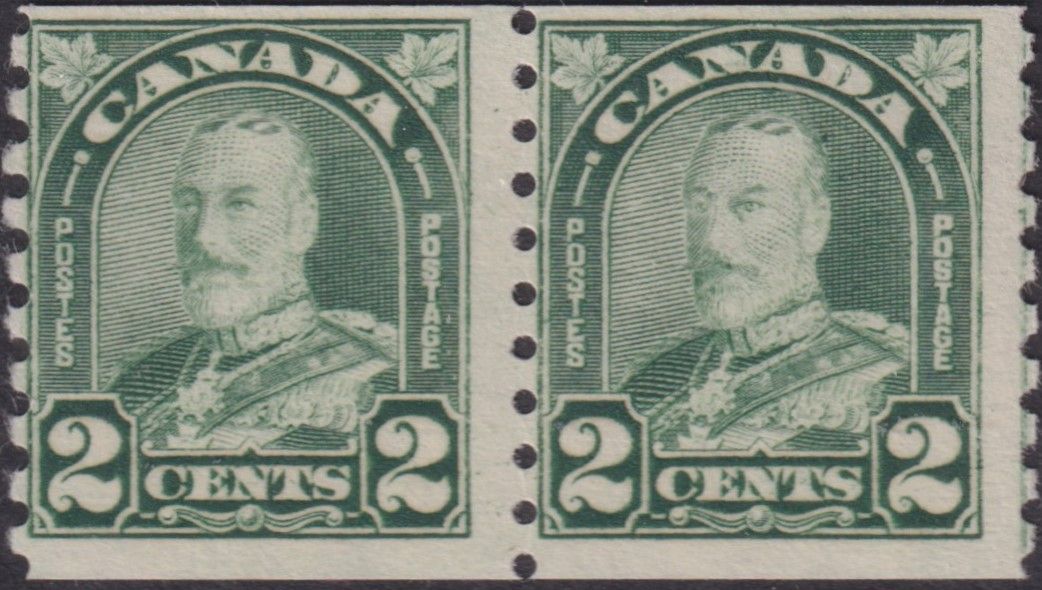 Canada 1930 2c Green Coil Pair with Cockeyed King Variety