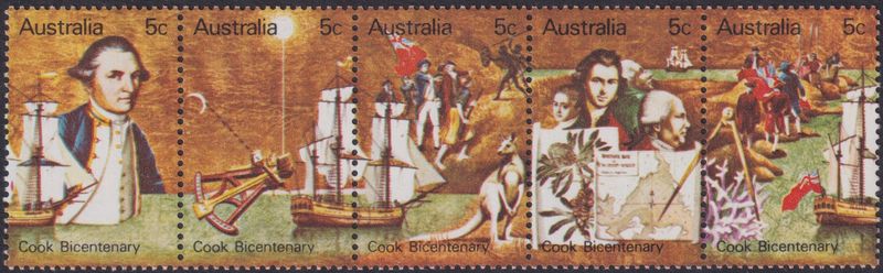 Australia 1970 Cook Bicentenary Strip with Red Mark on Sail Variety