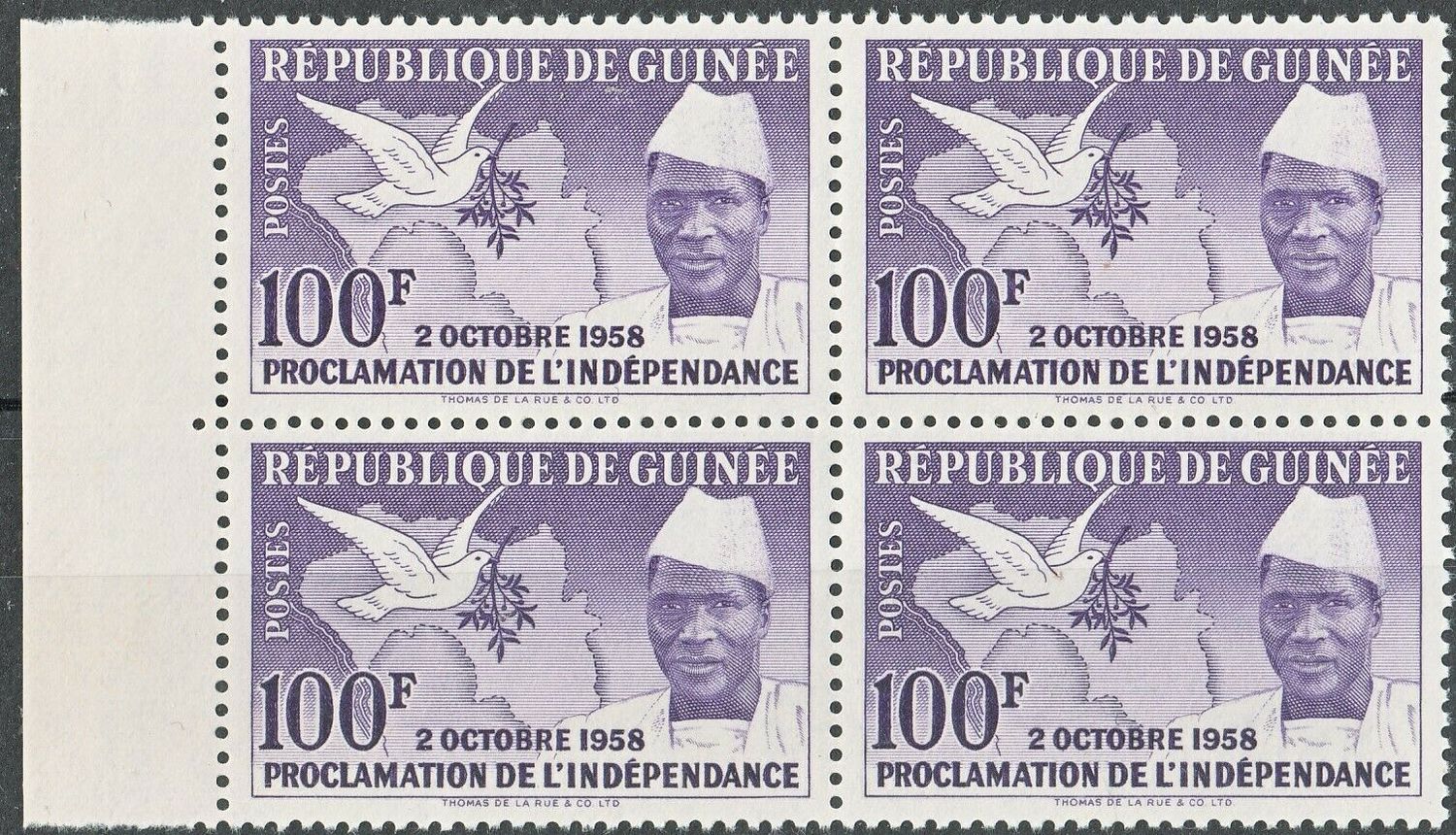 Guinea 1959 100f Independence Marginal Block of Four