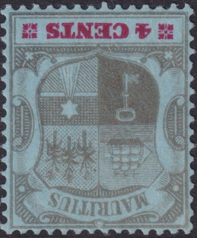 Mauritius 1904 4c Black and Carmine on Blue with Inverted Watermark