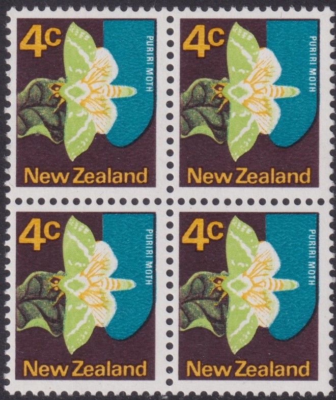 New Zealand 1970 4c Puriri Moth with Dark Green Wing Veins Omitted