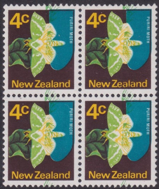 New Zealand 1970 4c Puriri Moth with Dark Green Wing Veins Shifted Backwards and Upwards Across the Margin