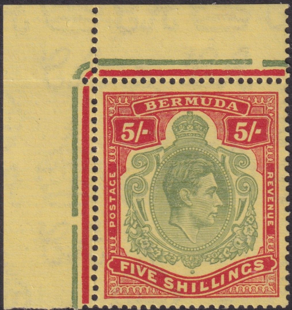 Bermuda 1939 5/- Pale Green and Red/Yellow