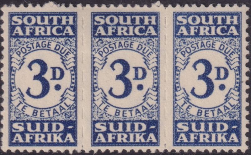 South Africa 1943 3d Indigo Postage Due Unit of Three