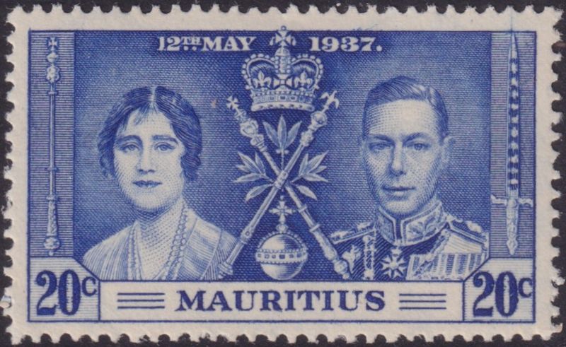 Mauritius 1937 20c Blue Coronation with Line Through Sword