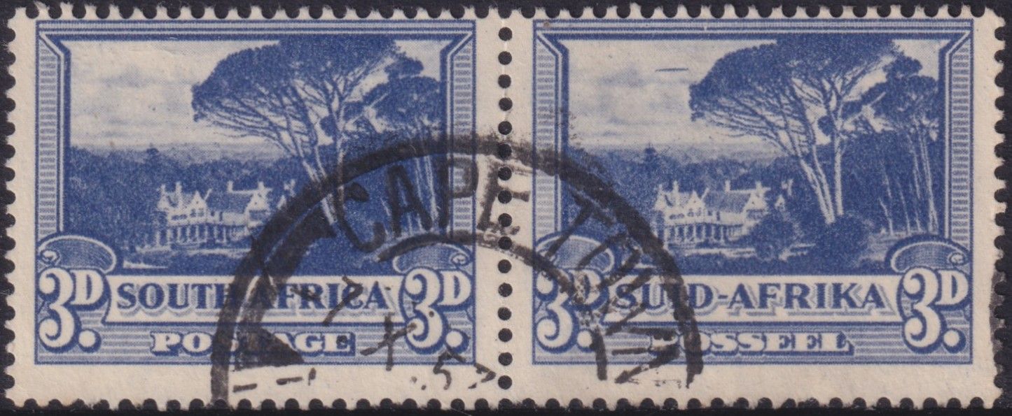South Africa 1951 3d Blue Pair with Flying Saucer Flaw