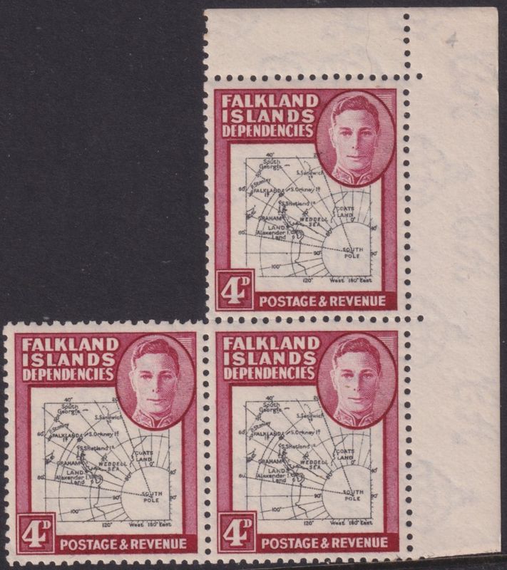 Falkland Islands Dependencies 1946 4d Map Corner Block of 3