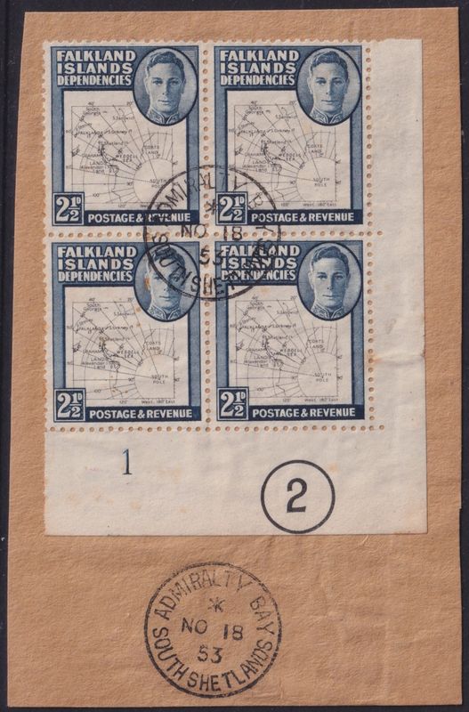 Falkland Islands Dependencies 1948 2½d Map Plate Block of 4 on Piece