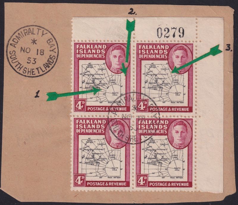 Falkland Islands Dependencies 1946 4d Map Plate Block of 4 on Piece with Gap in the 80th Parallel